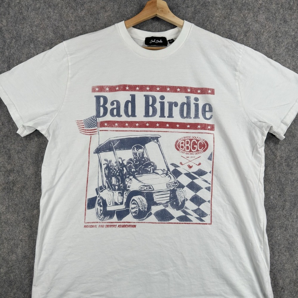 Bad Birdie Shirt Mens XL White Golf Cart USA Flag Racing Graphic Tee Patriotic